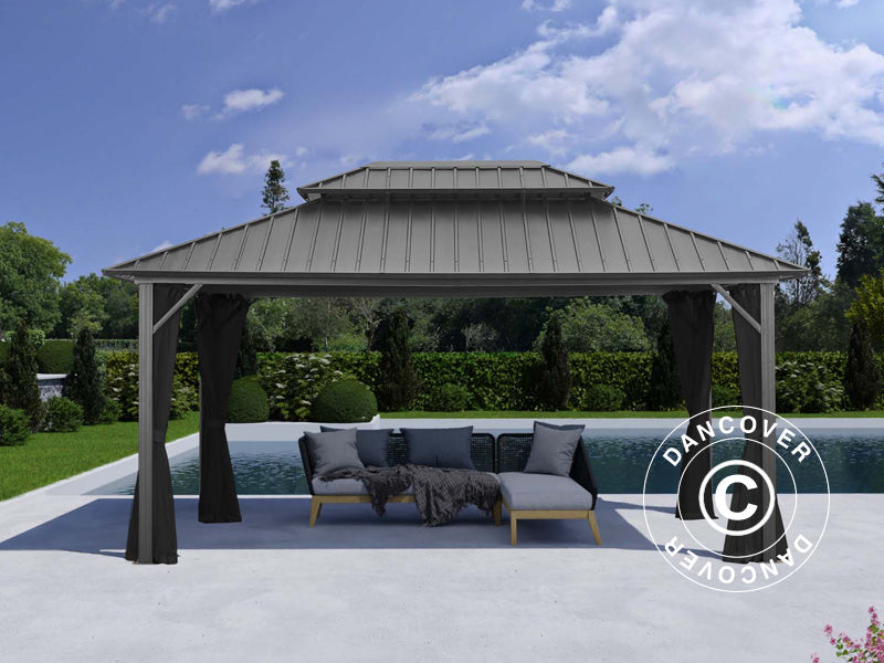 Paviljong San Francisco med gardiner och myggnät, 3,65x4,85m, Svart