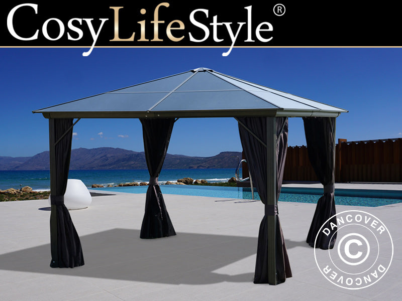 Paviljong Santa Barbara med gardiner och myggnät, 4x4m, Svart