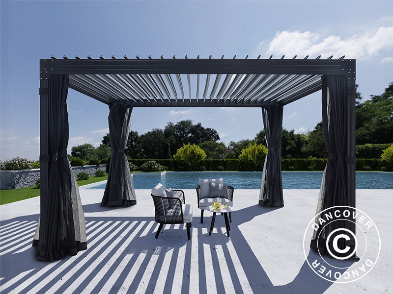 Bioklimatisk pergola paviljong Monterey, 4x4m, m/gardiner och myggnät, Svart