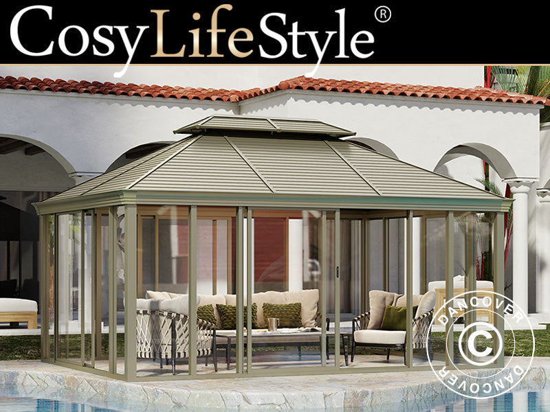 Trädgårdspaviljong San Bruno med sidoväggar av polykarbonat, 3,6x5m, Mässing