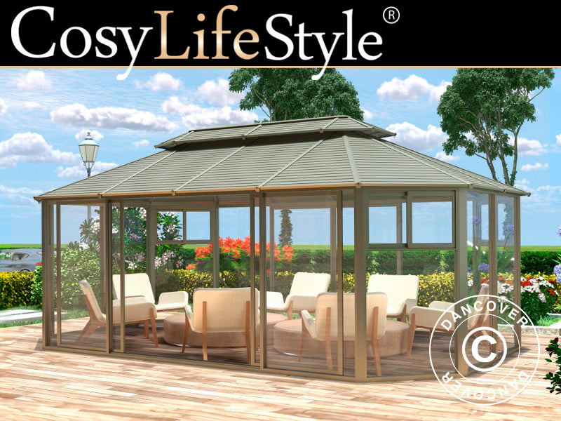 Trädgårdspaviljong San Bruno med sidoväggar av polykarbonat, åttakantigt 4,35x6,6m, Mässing