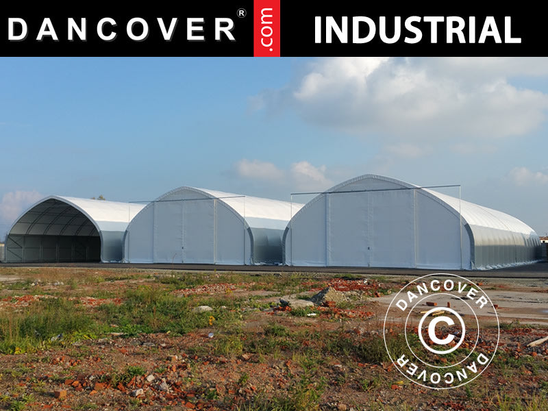 Tälthall, rundbågehall 15x15x7,42m med skjutport, PVC, Vit/Grå