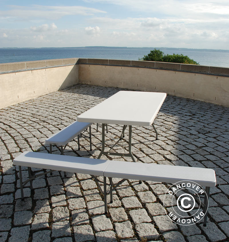 Fest paket,1 fällbord (180cm) + 2 fällbara bänkar (183cm), Ljusgrå